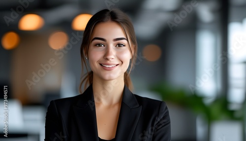 Confident young professional in black suit smiling in contemporary office setting with a blurred backdrop