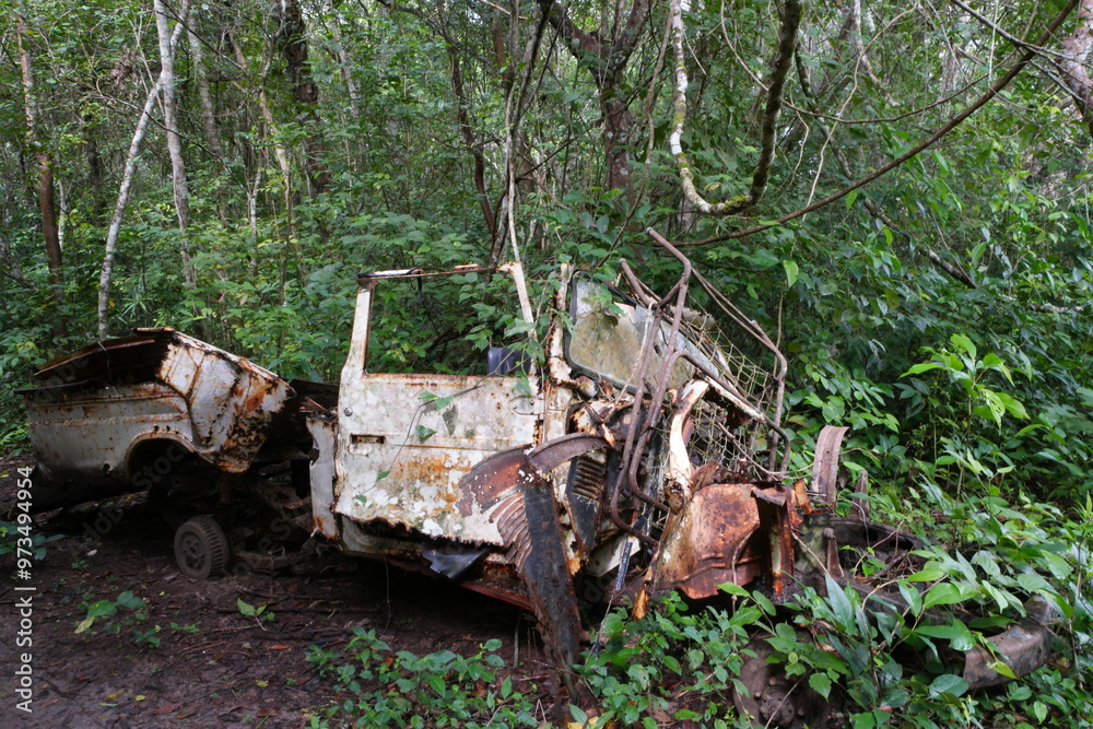 Abandoned vehicle surrounded by lush vegetation in Tikal, Guatemala, showcasing nature reclaiming human artifacts in a vibrant ecosystem Abandoned vehicle surrounded by lush vegetation in Tikal, Guatemala, showcasing nature reclaiming human artifacts in a vibrant ecosystem