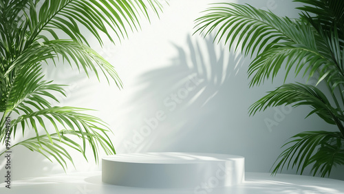 Abstract Showcase  White Pedestal with Green Palm Leaves for Product Mockup