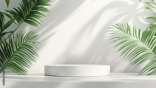 Minimalist Elegance: White Podium with Palm Leaves for Product Display