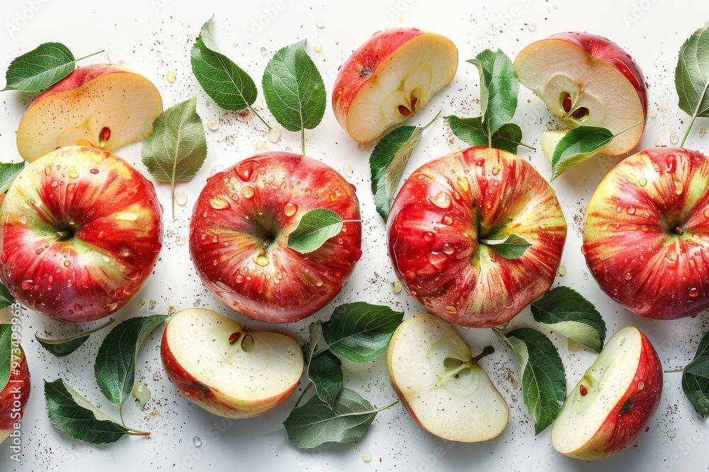 Apples and half slices suspended in the air with green leaves isolated on white background. Generative AI Apples and half slices suspended in the air with green leaves isolated on white background. Generative AI