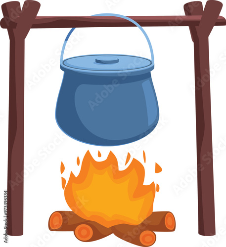Cartoon icon of a cooking pot hanging over campfire on wood support