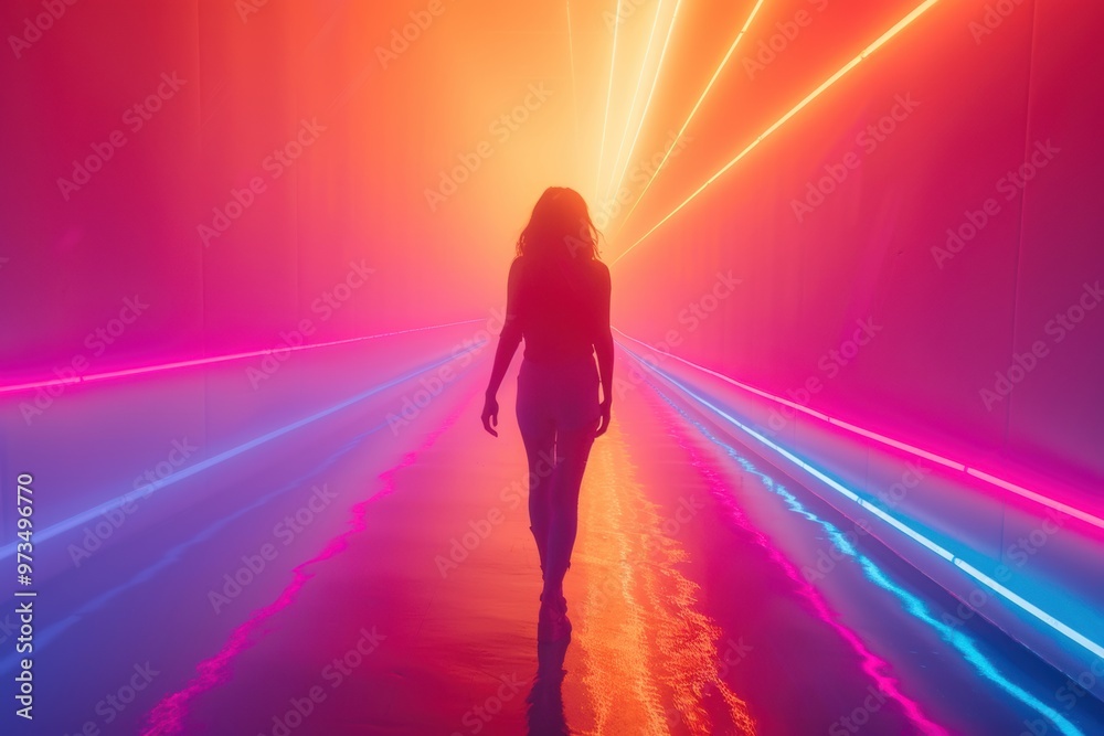 Dynamic beams of colorful light converge in a surreal urban setting at dusk Dynamic beams of colorful light converge in a surreal urban setting at dusk