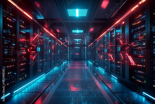 Futuristic Server Room with Neon Lights, Technology and Data Center Concept