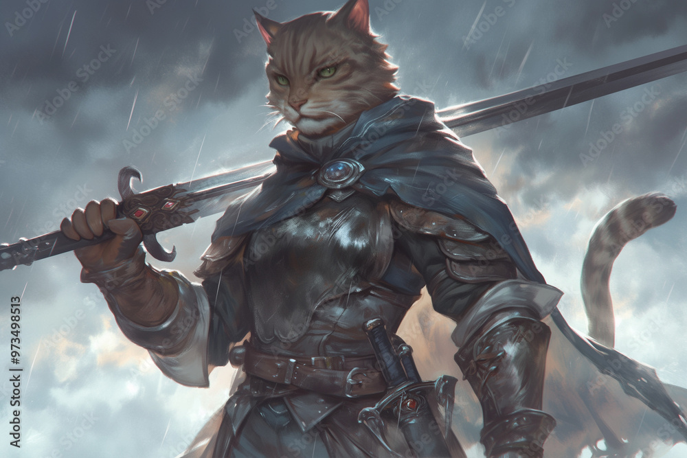 cat beastfolk warrior with a sword in hand standing against stormy skies prepared for battle in an open field cat beastfolk warrior with a sword in hand standing against stormy skies prepared for battle in an open field