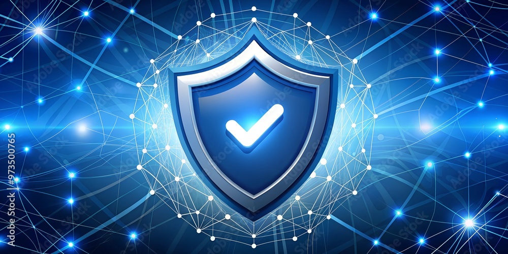 Fototapeta premium Digital shield with a checkmark in the center, cybersecurity assurance, trusted protection, and data security concept. Digital shield featuring a checkmark at the center, symbolizing cybersecurity