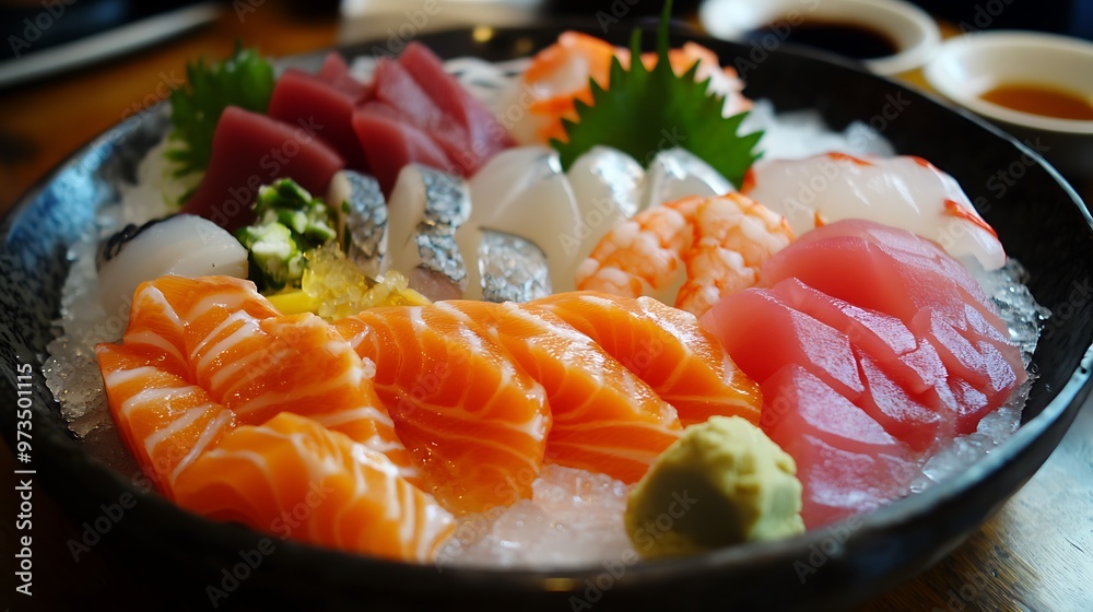 Fresh Sashimi Platter with Salmon, Tuna, Shrimp, and Whitefish Fresh Sashimi Platter with Salmon, Tuna, Shrimp, and Whitefish