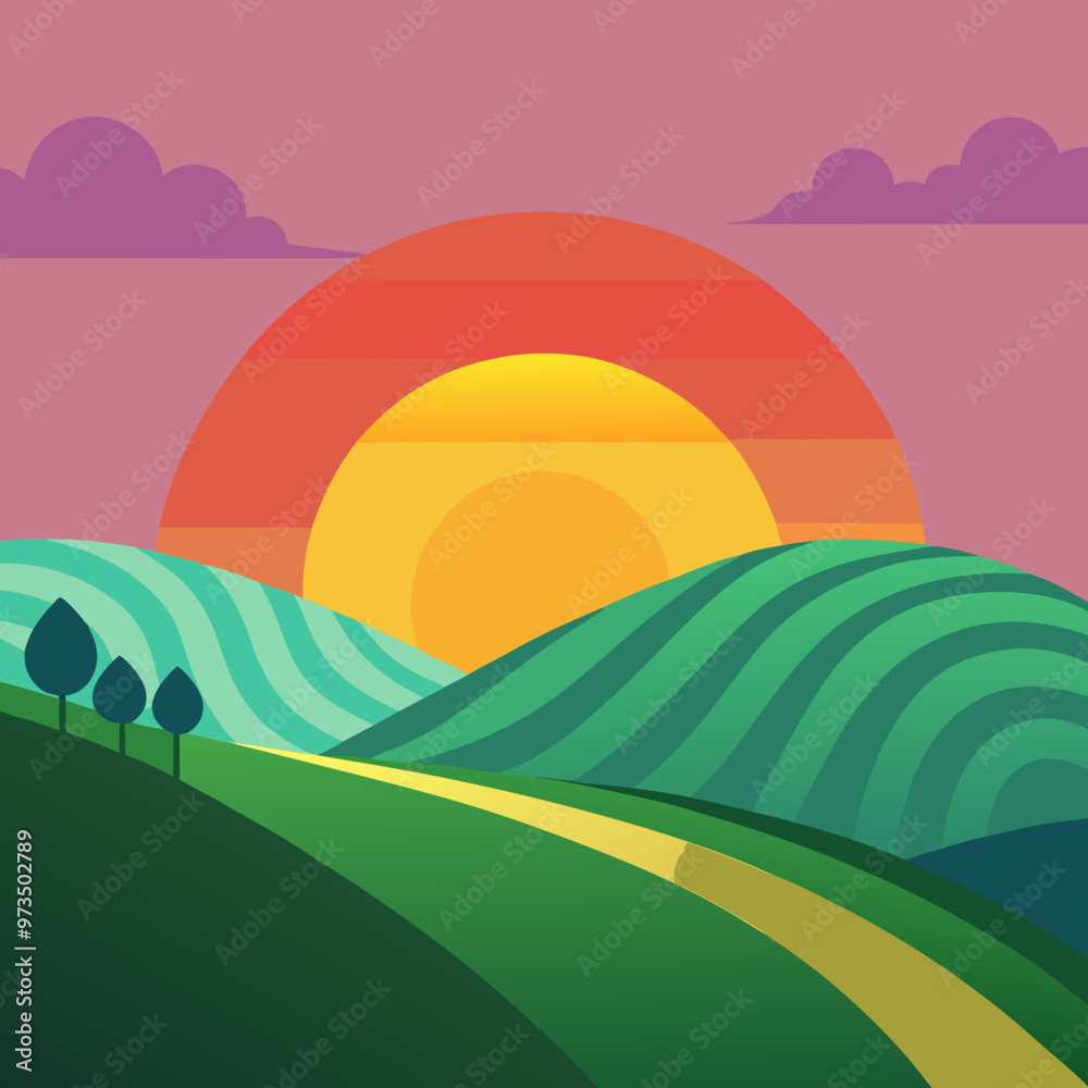 a rolling hill with a sun setting a rolling hill with a sun setting