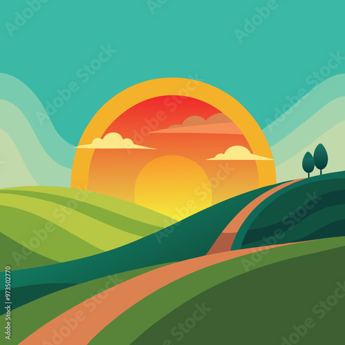 a rolling hill with a sun setting