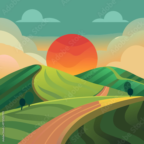 a rolling hill with a sun setting