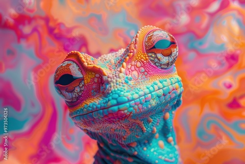 Vibrant fusion of pixelated digital patterns enveloping a colorful frog
