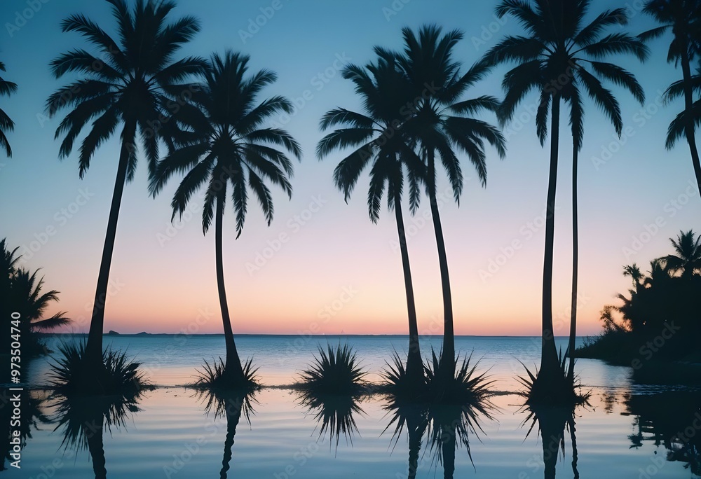 Fototapeta premium Palm trees reflected in a calm body of water during a colorful sunset