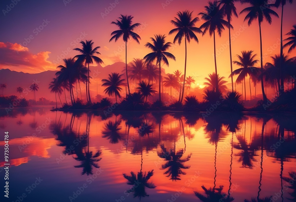 Fototapeta premium Palm trees reflected in a calm body of water during a colorful sunset