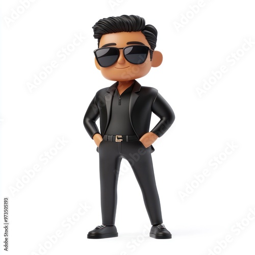 A cartoon man wearing a black suit, sunglasses, and holding his hands in his pockets.