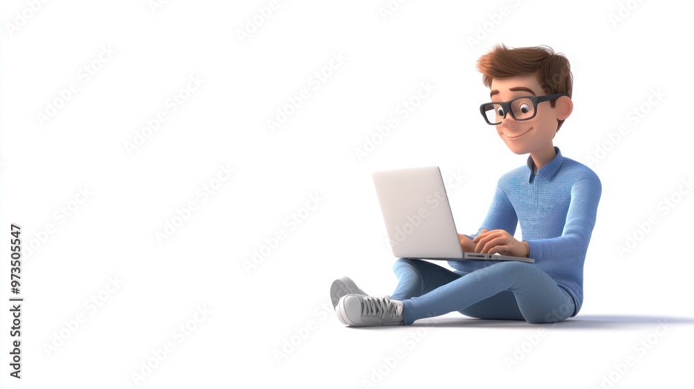 Cartoon boy wearing glasses and blue shirt, sitting on white background, using a laptop computer. Cartoon boy wearing glasses and blue shirt, sitting on white background, using a laptop computer.