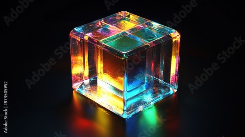 A colorful glass cube with a rainbow of colors.