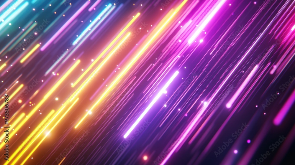 Abstract neon background with glowing lines in diagonal direction and soft, blurred bokeh lights. Abstract neon background with glowing lines in diagonal direction and soft, blurred bokeh lights.