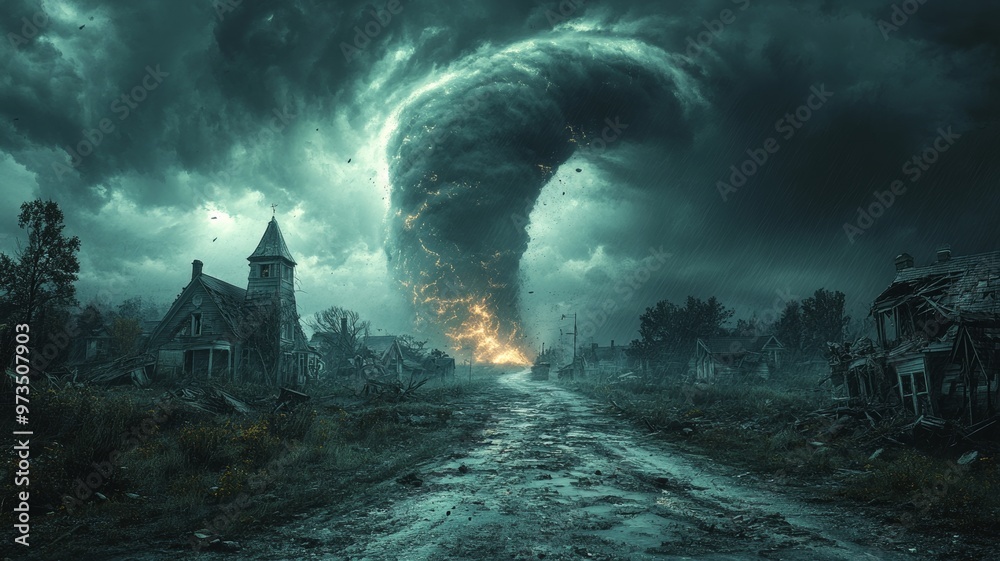 A tornado striking a small town. Generative AI A tornado striking a small town. Generative AI