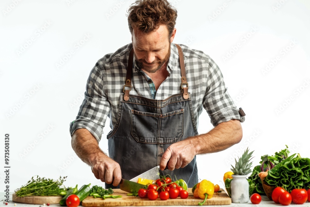 A passionate chef preparing fresh vegetables in a modern kitchen A passionate chef preparing fresh vegetables in a modern kitchen
