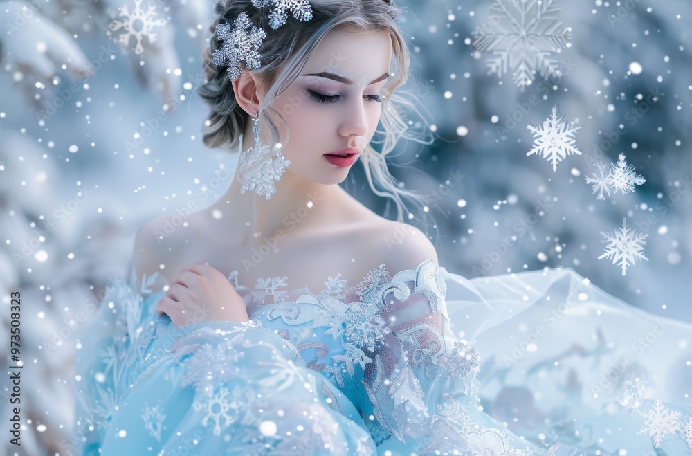Beautiful blond woman posing in winter wonderland wearing gorgeous blue dress Beautiful blond woman posing in winter wonderland wearing gorgeous blue dress
