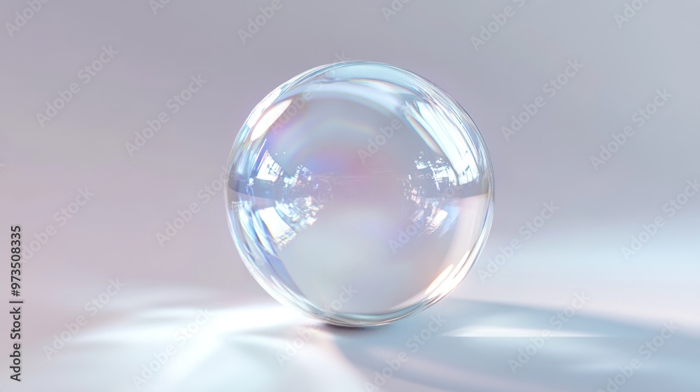A iridescent, transparent sphere sits on a white surface, casting a faint shadow. A iridescent, transparent sphere sits on a white surface, casting a faint shadow.