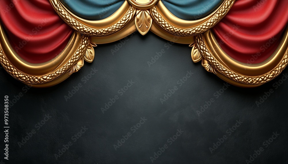 Red and Blue Fabric Draped over Gold Trim on Black Background Red and Blue Fabric Draped over Gold Trim on Black Background