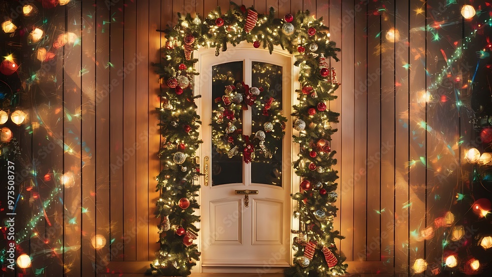 custom made wallpaper toronto digitalPicture of decorated door, abstract background, vintage wooded wall with glowing shining Christmas lights, decorative garland, festive electric festoon, New Year illuminated home ornament