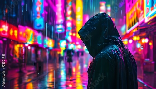 Enigmatic hooded figure in a rain-soaked city at night, surrounded by vivid neon lights, exuding a captivating aura of suspense and intrigue.