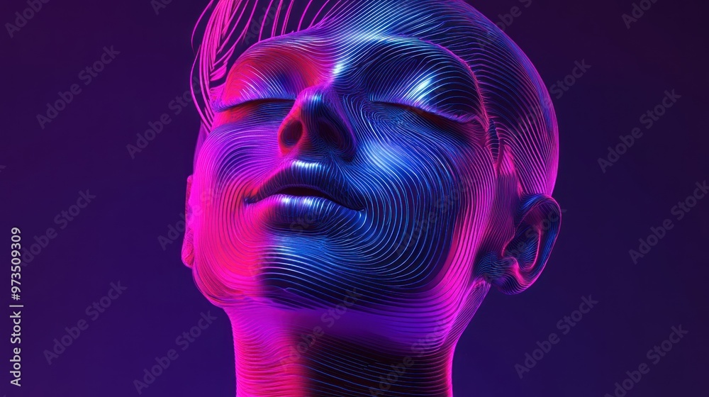 Close up of a futuristic human face made of neon light lines with eyes closed. Close up of a futuristic human face made of neon light lines with eyes closed.