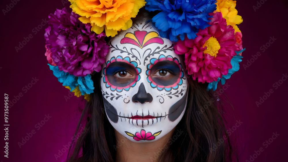 Vibrant Day of the Dead Sugar Skull Face Paint with Floral Crown, Capturing Mexican Tradition and Artistry Vibrant Day of the Dead Sugar Skull Face Paint with Floral Crown, Capturing Mexican Tradition and Artistry