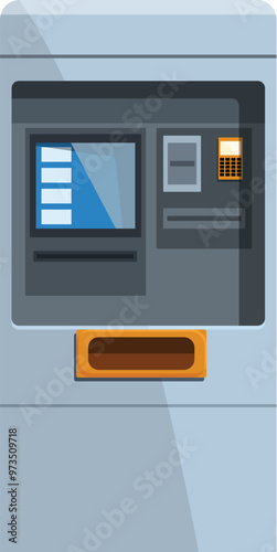 Contemporary atm machine with a bright screen, offering a user friendly interface for financial transactions