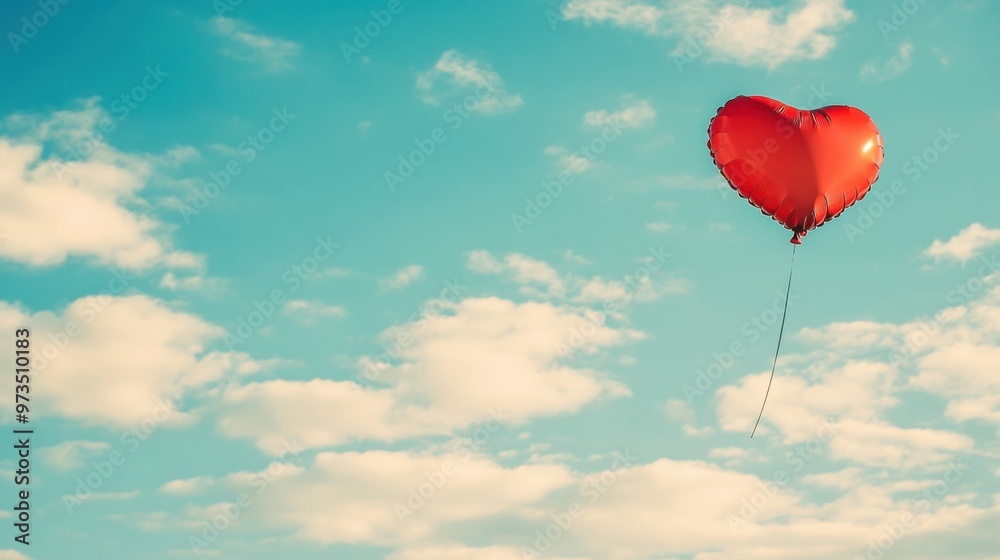 Fototapeta premium A red heart-shaped balloon floating in a bright blue sky, with soft clouds drifting by