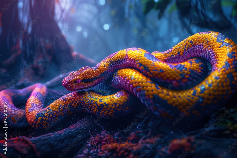 Fototapeta premium Serpentine roots intertwining in vibrant rainforest depths at dawn