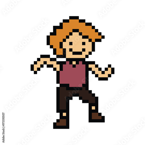 Cute pixel cartoon 8bit character man exercises training dance lifestyle music decoration life style 8 bit male boy dance with music game fitness isolated PNG vector.