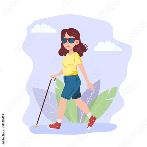 Blind invalid woman with a cane and sunglasses walking down the street. Visual disability; eye disease.