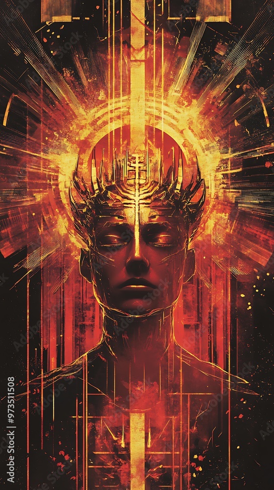 Obraz premium Abstract Digital Art, Woman with glowing halo and intricate lines. Concept of enlightenment, technology, spirituality, and consciousness.