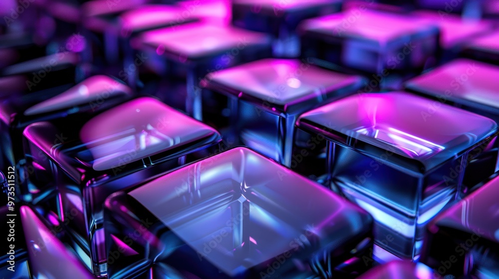Close-up of shiny, geometric shapes in neon purple and blue lighting. Close-up of shiny, geometric shapes in neon purple and blue lighting.