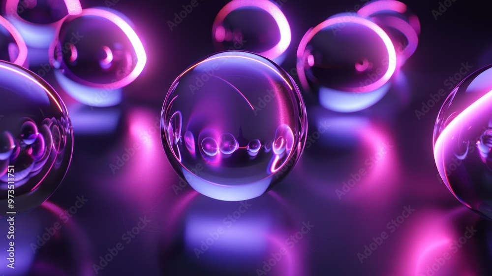 Purple and pink spheres with neon glow.
