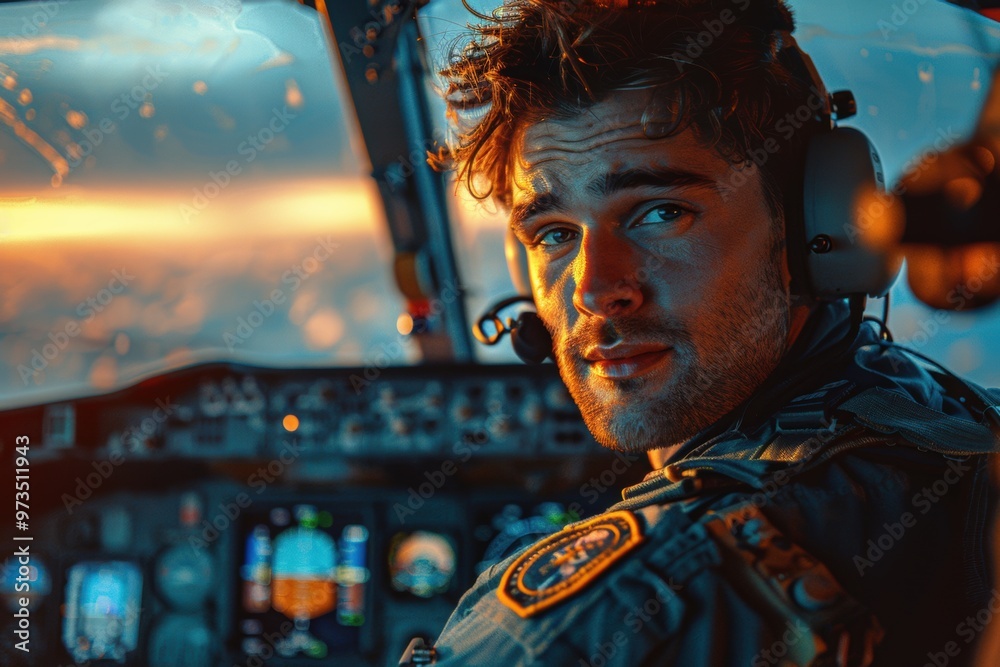 Focused pilot navigating a commercial airplane through a vibrant sunset sky Focused pilot navigating a commercial airplane through a vibrant sunset sky