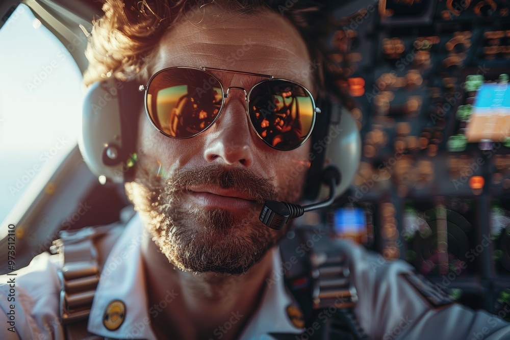 Confident pilot navigating the cockpit during a sunset flight over the clouds Confident pilot navigating the cockpit during a sunset flight over the clouds