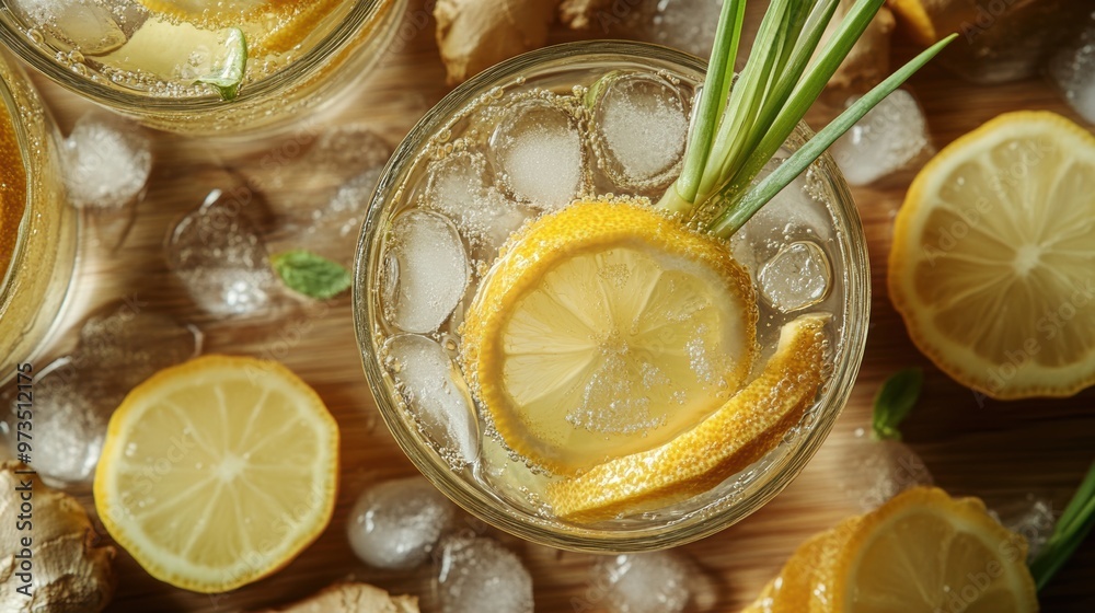 overhead view of lemongrass and ginger-infused ice water, a delightful image for relaxation and rejuvenation theme overhead view of lemongrass and ginger-infused ice water, a delightful image for relaxation and rejuvenation theme