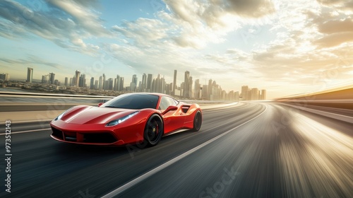A red sports car speeding down a highway, with motion blur and the city skyline in the distance