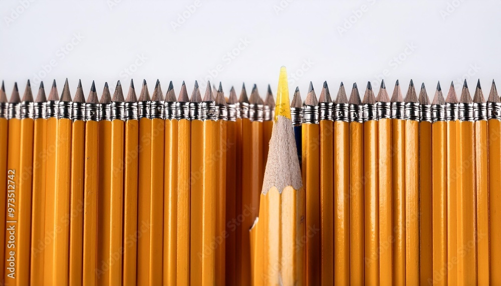 Distorted Pencil panning across row of used and worn out yellow pencils with broken ...