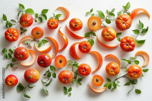 A playful swirl of fresh persimmons and vibrant greens captures autumn's essence