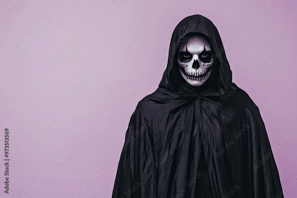 Man dressed in a scary Halloween costume. Studio portrait of Mr. Death, with skeleton skull makeup on his face, wearing a black hooded cape while standing isolated against a purple background Man dressed in a scary Halloween costume. Studio portrait of Mr. Death, with skeleton skull makeup on his face, wearing a black hooded cape while standing isolated against a purple background