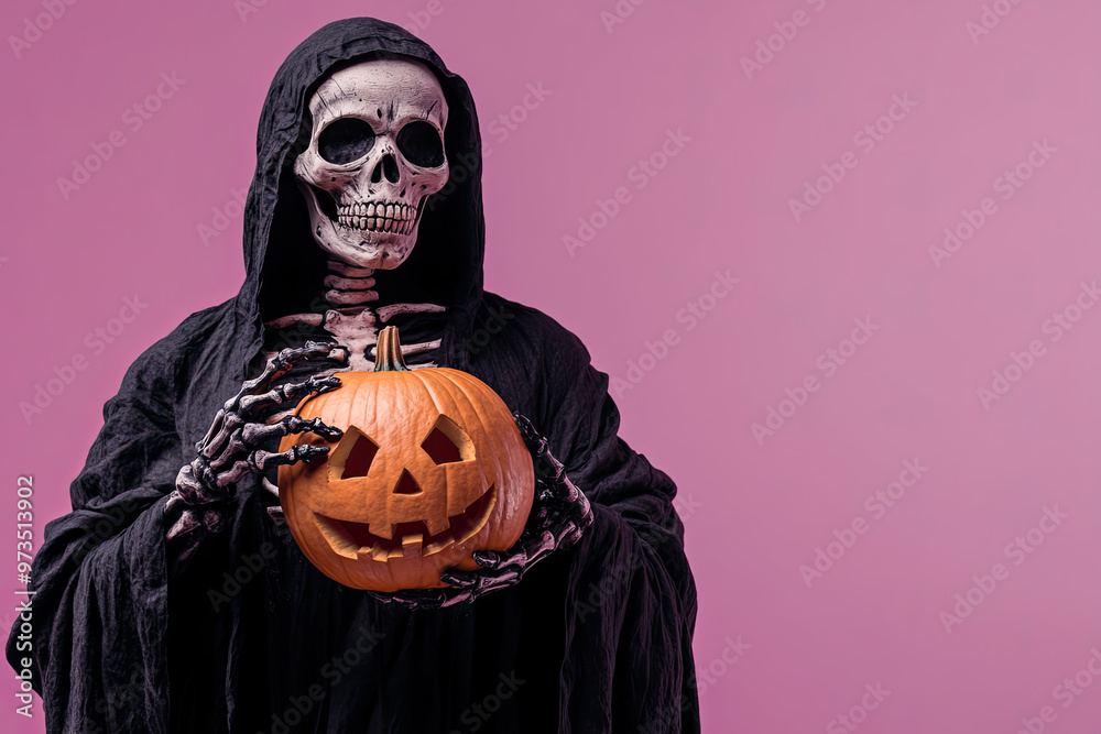 Studio shot of a man in a skeleton outfit holding a jack-o'-lantern. The man, wearing a dark cap, a ruddy cloak, and gloves, stands against a light purple background while holding an orange Halloween Studio shot of a man in a skeleton outfit holding a jack-o'-lantern. The man, wearing a dark cap, a ruddy cloak, and gloves, stands against a light purple background while holding an orange Halloween