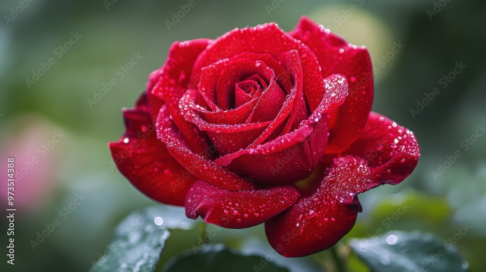 A vibrant red rose in full bloom, with velvety petals against a soft green background, dew drops glistening in the sunlight