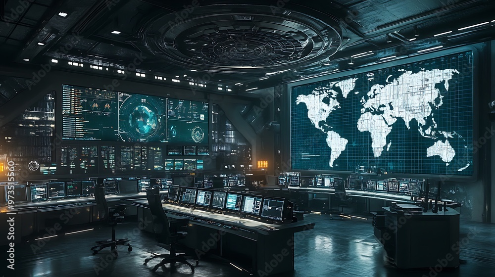 Futuristic control room with large screens, futuristic technology and a map of the world in the background Futuristic control room with large screens, futuristic technology and a map of the world in the background