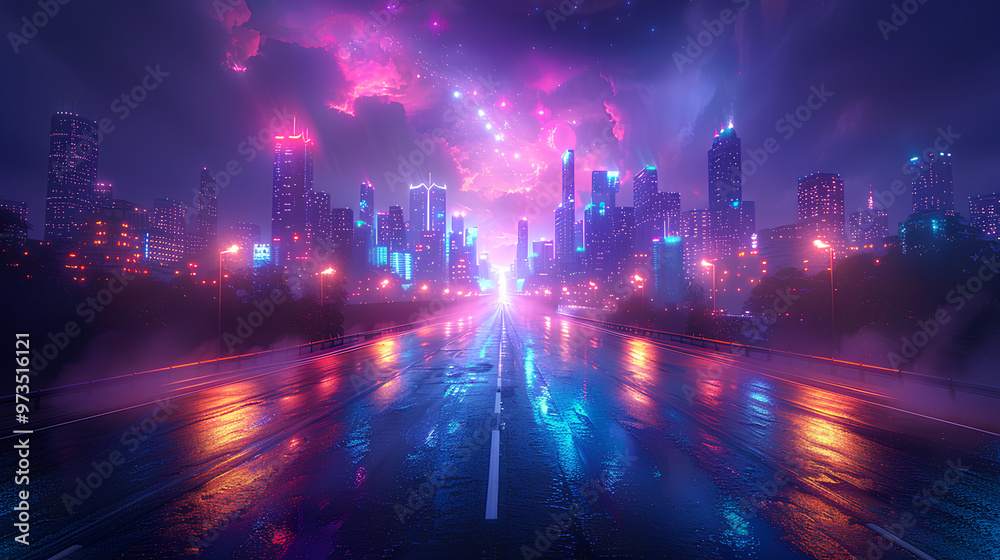 A cityscape with neon lights and a glowing road A cityscape with neon lights and a glowing road