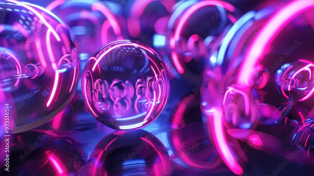 Abstract purple and blue neon lights reflecting in a glass sphere. Abstract purple and blue neon lights reflecting in a glass sphere.